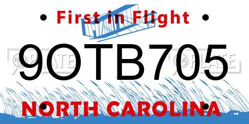 9OTB705 North Carolina License Plate