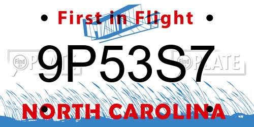 9P53S7 North Carolina License Plate