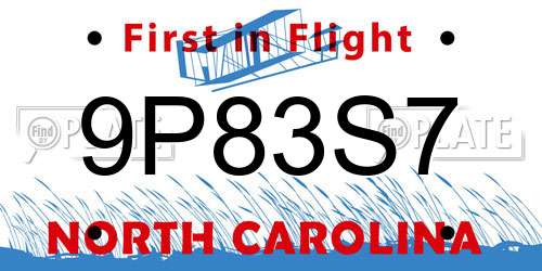 9P83S7 North Carolina License Plate
