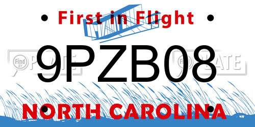 9PZB08 North Carolina License Plate