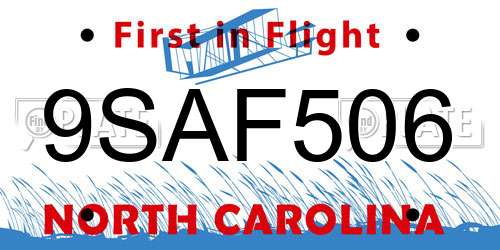 9SAF506 North Carolina License Plate