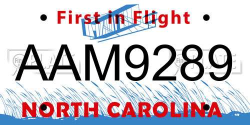 AAM9289 North Carolina License Plate