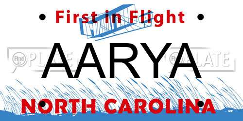 AARYA North Carolina License Plate