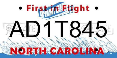 AD1T845 North Carolina License Plate