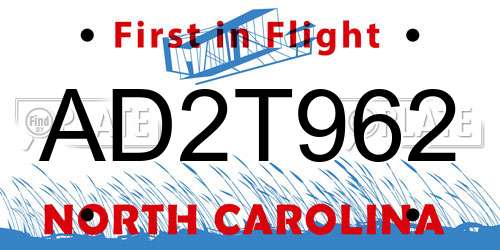 AD2T962 North Carolina License Plate