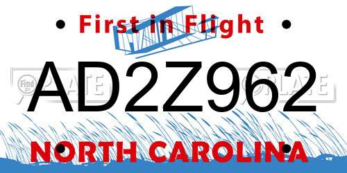 AD2Z962 North Carolina License Plate