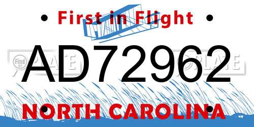 AD72962 North Carolina License Plate