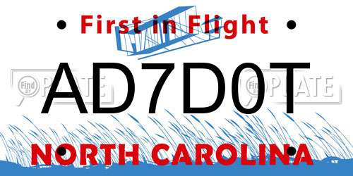AD7D0T North Carolina License Plate