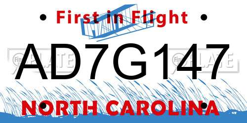 AD7G147 North Carolina License Plate