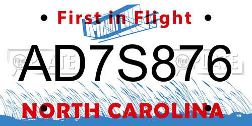 AD7S876 North Carolina License Plate