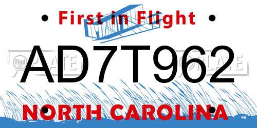 AD7T962 North Carolina License Plate