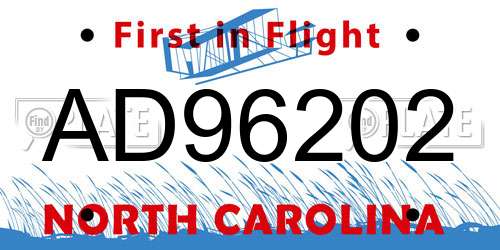 AD96202 North Carolina License Plate