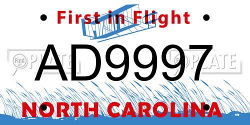 AD9997 North Carolina License Plate