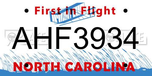 AHF3934 North Carolina License Plate