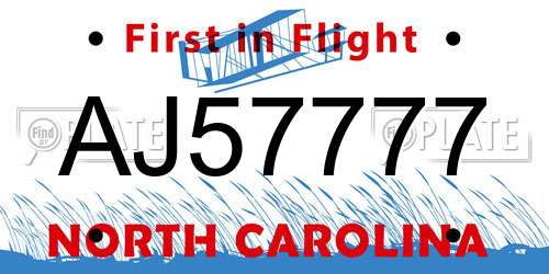 AJ57777 North Carolina License Plate