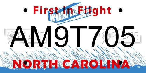 AM9T705 North Carolina License Plate