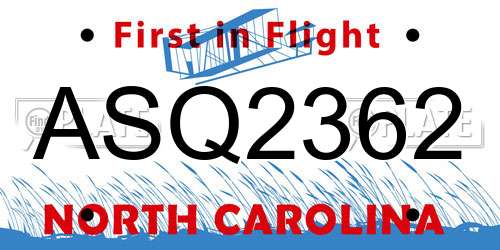 ASQ2362 North Carolina License Plate