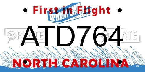 ATD764 North Carolina License Plate
