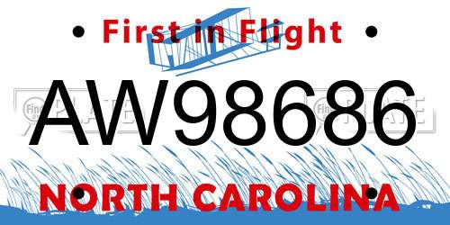 AW98686 North Carolina License Plate