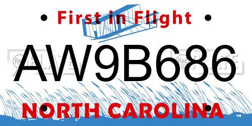 AW9B686 North Carolina License Plate