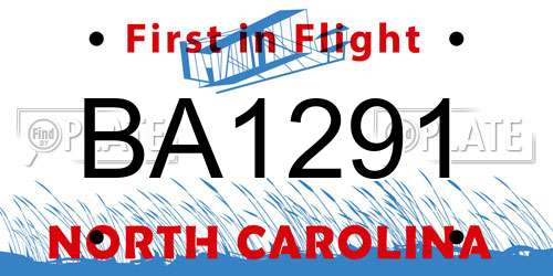 BA1291 North Carolina License Plate