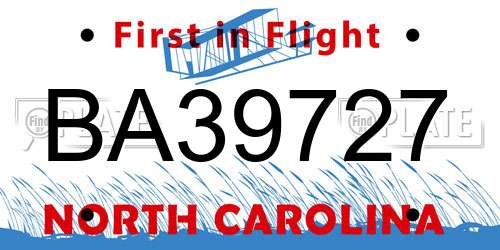 BA39727 North Carolina License Plate