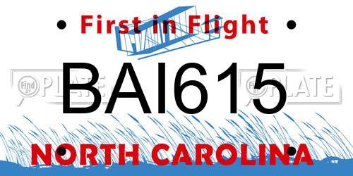 BAI615 North Carolina License Plate