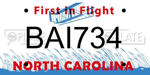 BAI734 North Carolina License Plate