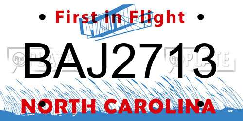 BAJ2713 North Carolina License Plate