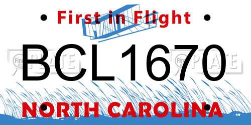 BCL1670 North Carolina License Plate