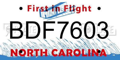 BDF7603 North Carolina License Plate