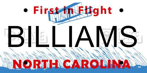 BILLIAMS North Carolina License Plate
