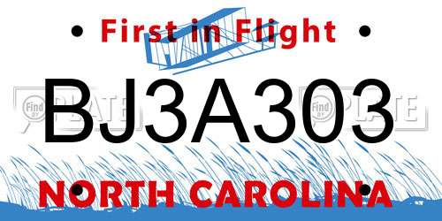 BJ3A303 North Carolina License Plate