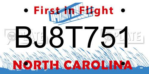 BJ8T751 North Carolina License Plate
