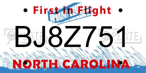 BJ8Z751 North Carolina License Plate