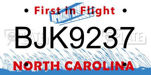 BJK9237 North Carolina License Plate