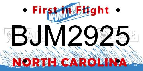 BJM2925 North Carolina License Plate