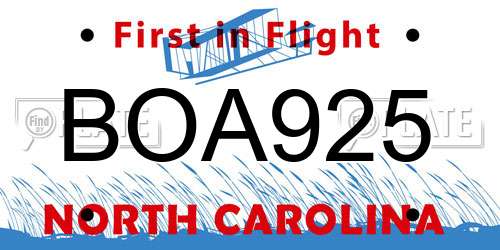 BOA925 North Carolina License Plate