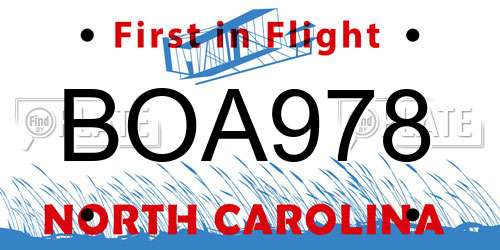 BOA978 North Carolina License Plate