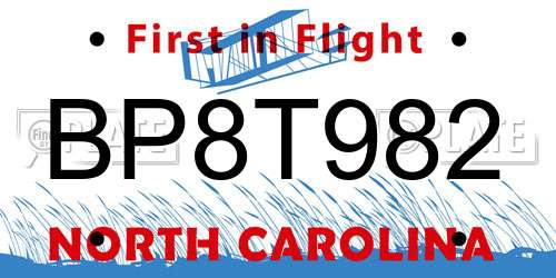 BP8T982 North Carolina License Plate
