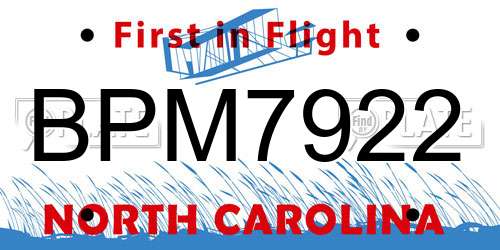 BPM7922 North Carolina License Plate