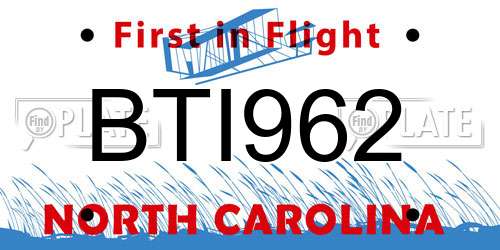 BTI962 North Carolina License Plate