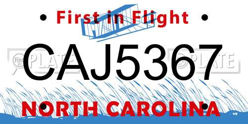 CAJ5367 North Carolina License Plate