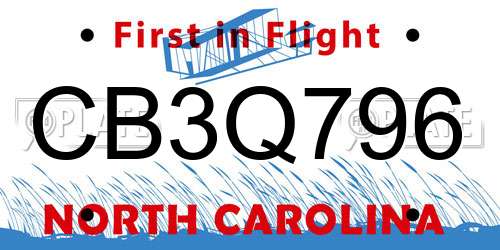 CB3Q796 North Carolina License Plate