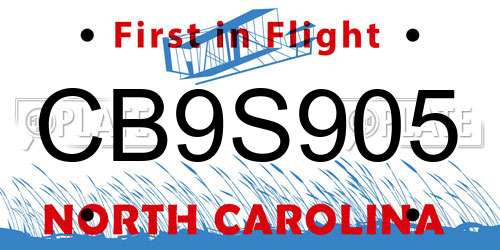 CB9S905 North Carolina License Plate