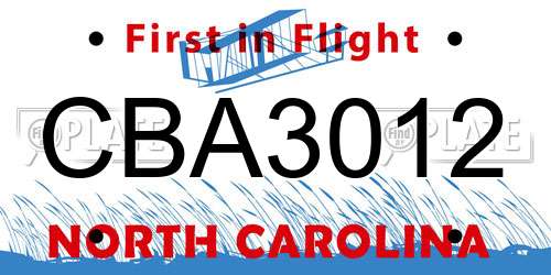 CBA3012 North Carolina License Plate