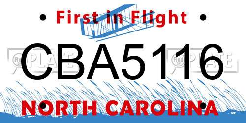 CBA5116 North Carolina License Plate