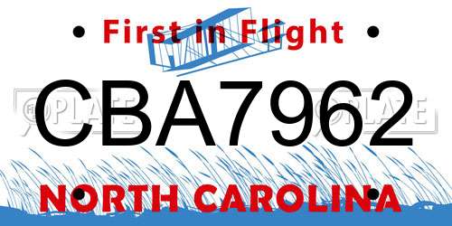 CBA7962 North Carolina License Plate