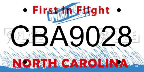 CBA9028 North Carolina License Plate
