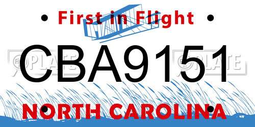 CBA9151 North Carolina License Plate
